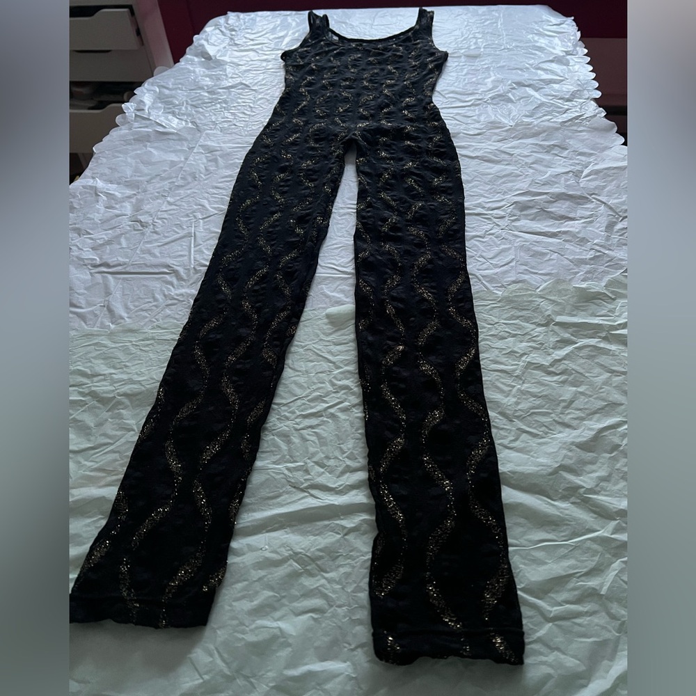 VTG 80s S sheer lace jumpsuit bodycon gold wavy lines disco small roller skating - Picture 6 of 13